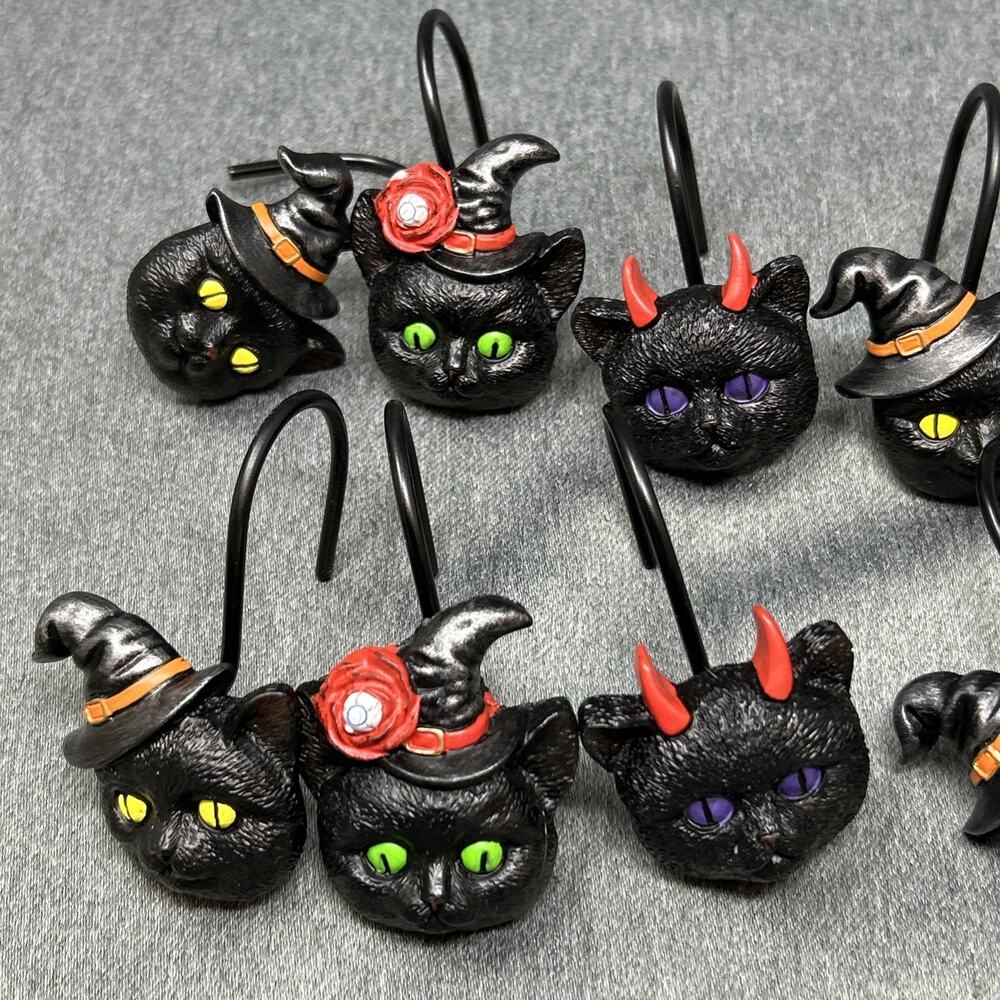 Sunlit Halloween Black Cat Shower Curtain Hooks Rings Spooky Season Decor Set 12 - Picture 3 of 11
